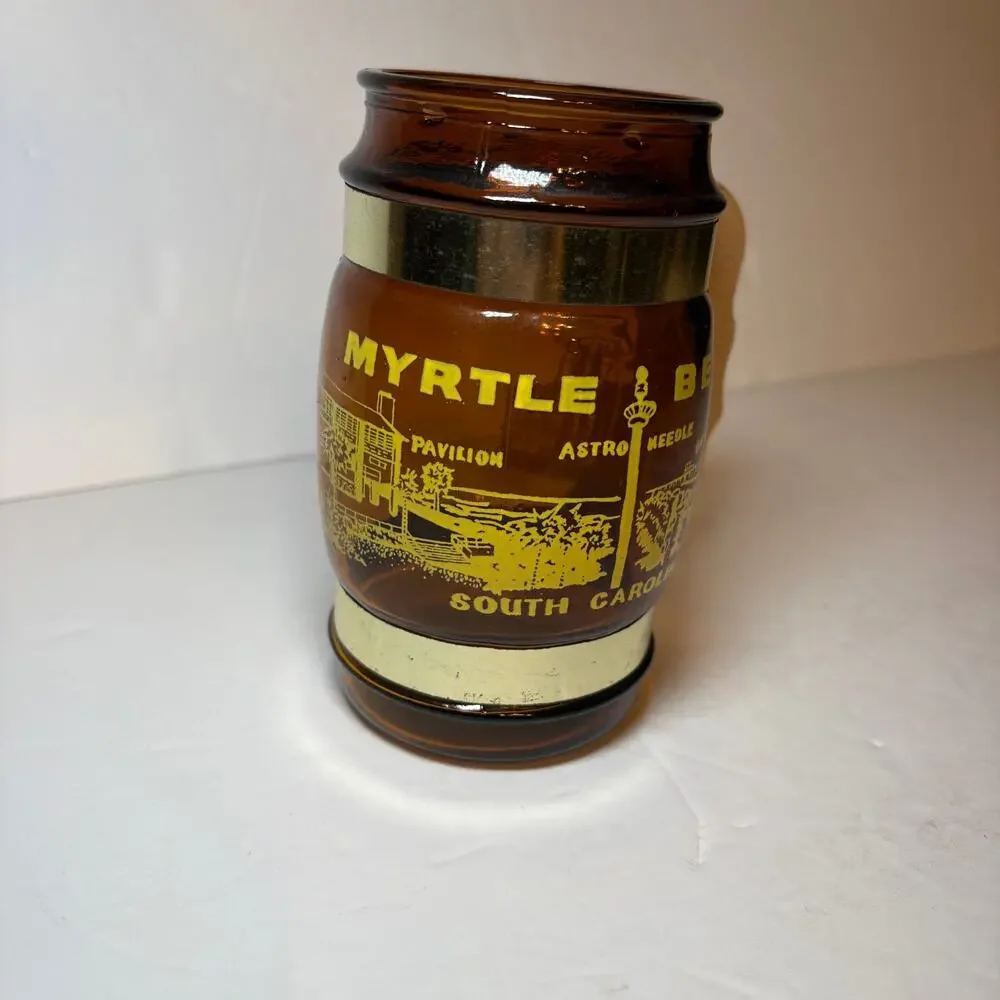 Vintage Myrtle Beach South Carolina Golf Souvenir Brown Glass Barrel Mug Wood